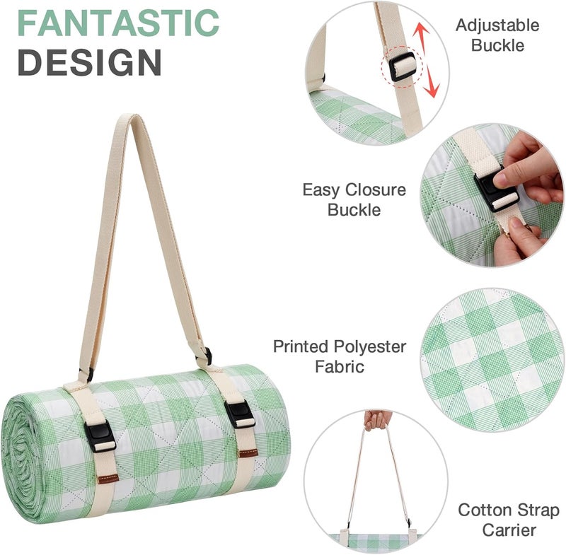 WILLOW WEAVE Picnic Blanket, 80''x80'' Waterproof Outdoor Blankets, Picnic Mat Washable for Beach, Picnic Blankets for Camping on Grass with Shoulder Strap - Green & White - Image 3
